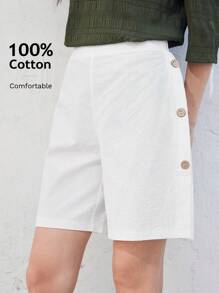 EMERY ROSE Women's Casual Country Style Button Linen Shorts, Summer - White - View 9