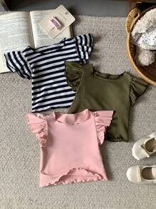 Blossori 3 Pieces Set Baby Girls Ruffle Sleeve T-Shirts, Spring/Summer - Multicolor - View 1