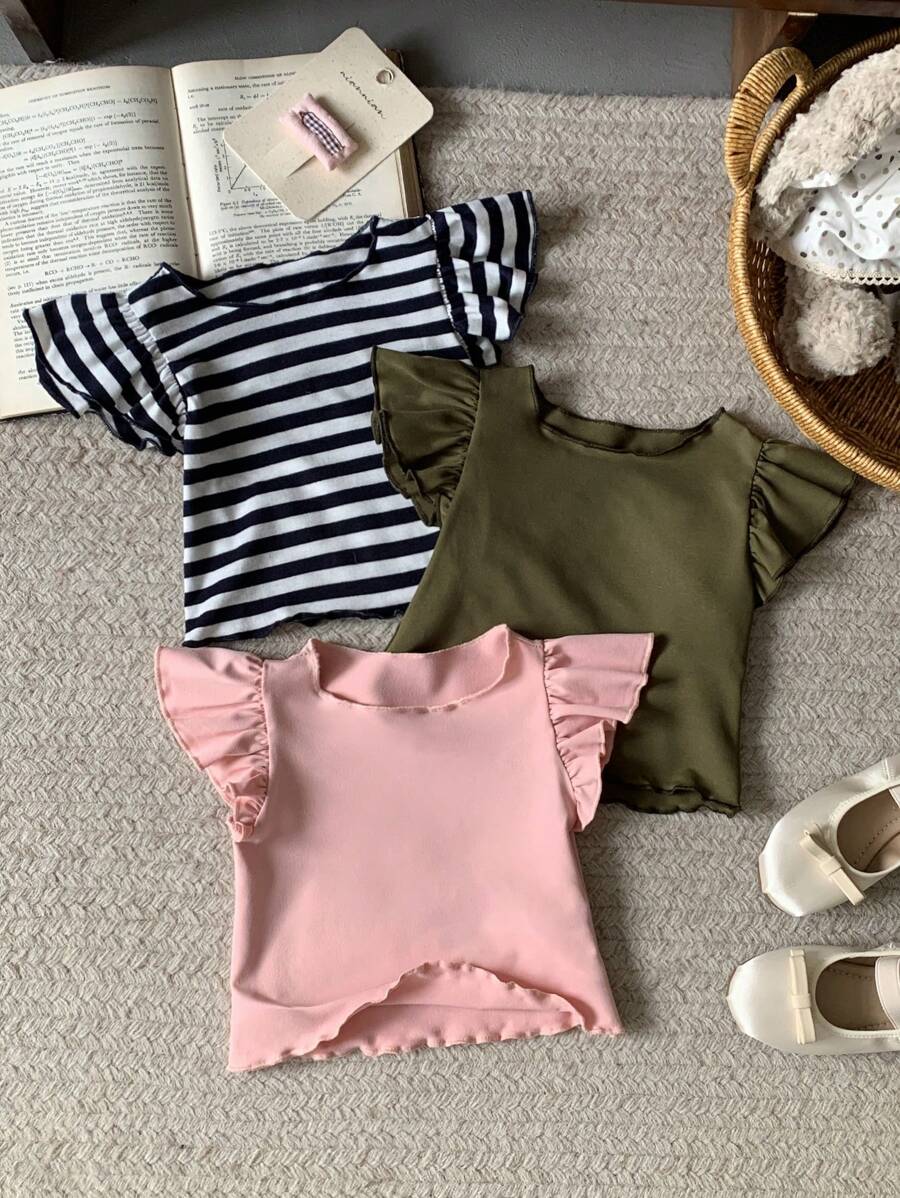 Blossori 3 Pieces Set Baby Girls Ruffle Sleeve T-Shirts, Spring/Summer - Multicolor - View 1