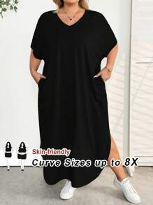 SHEIN CURVE+ Vestido largo con diseño de bolsillo y abertura, casual y adecuado para uso diario, nuevo para primavera/verano para mujeres de talla grande - Negro - Ver 1