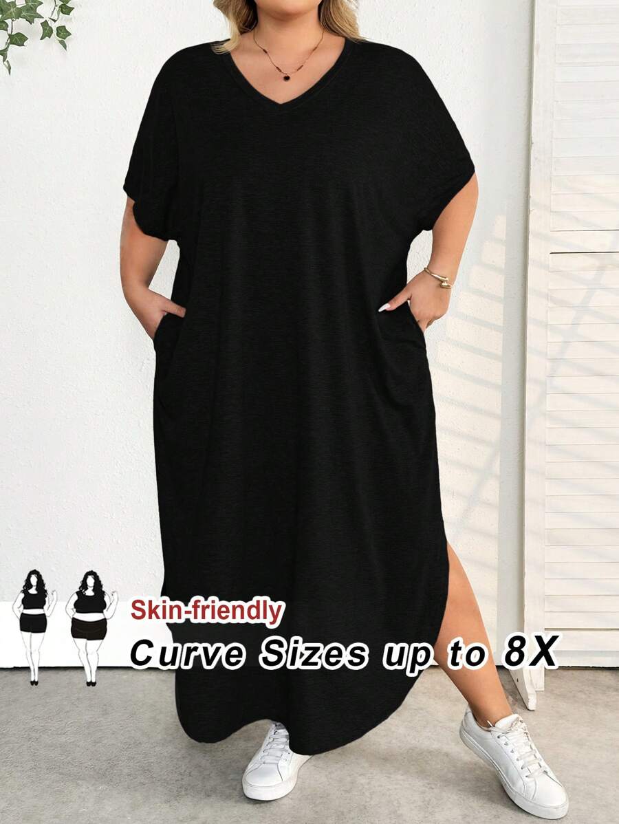 SHEIN CURVE+ Vestido largo con diseño de bolsillo y abertura, casual y adecuado para uso diario, nuevo para primavera/verano para mujeres de talla grande - Negro - Ver 1