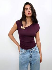 Maija 女士勃艮第夏季休闲上衣，侧褶短袖不对称领口上衣，带金属装饰，优雅日常百搭修身短款针织毛衣乡村音乐会浪漫