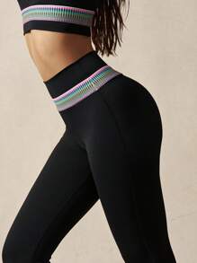 VARSITIE 女士条纹喇叭紧身裤，休闲健身运动紧身裤 - 黑色 - 查看 6