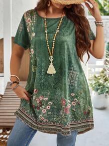 EMERY ROSE Plus Size Crew Neck Short Sleeve Floral Print Casual Blouse, Everyday Wear,Summer Outfits For Women/Summer,Tropical Vacation Woman Clothes - Green - View 4