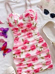WESTFADE Young Abito da donna ragazza casual ed elegante da vacanza, vestito a balza con cintura in vita, stampa floreale rosa su rete, aderente, mini con fiocco, adatto per scuola, uscite, vacanze, primavera/estate