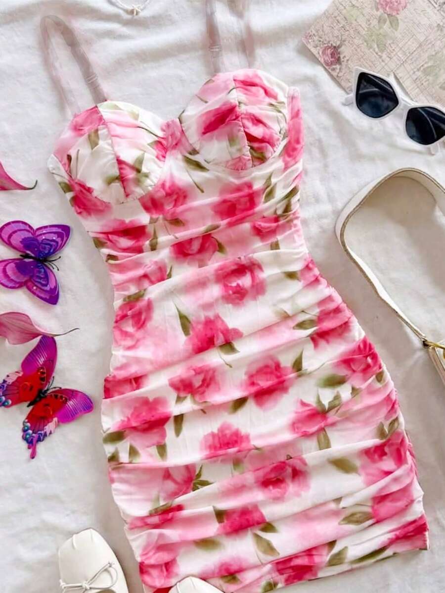 WESTFADE Young Abito da donna ragazza casual ed elegante da vacanza, vestito a balza con cintura in vita, stampa floreale rosa su rete, aderente, mini con fiocco, adatto per scuola, uscite, vacanze, primavera/estate