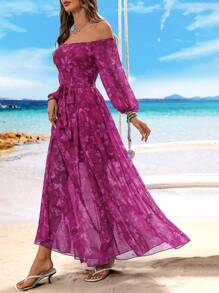 Breezaya Women Floral Print Lantern Sleeve Off Shoulder Beach Dress For Summer - Hot Pink - View 4