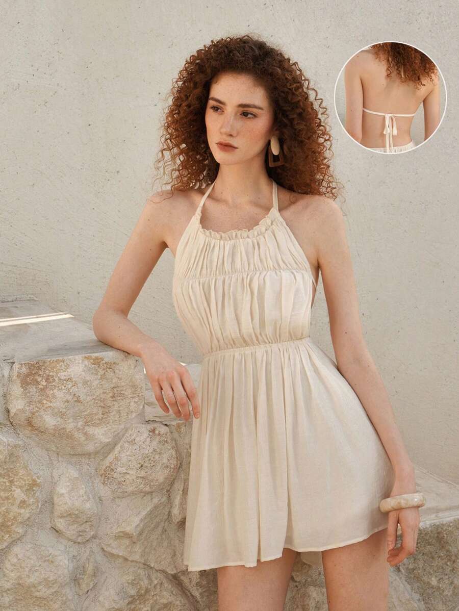 SHEIN MOD Morelowa sukienka na ramiączkach z odkrytymi plecami, styl boho, plaża, styl zachodni, wakacje, impreza, sukienka do herbaty, sukienka vintage, damska sukienka wielkanocna, zwiewna sukienka, sukienka do herbaty, sukienka na wyjście - Morela - Zobacz 1