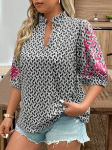 SHEIN Holidaya 大码女式数码印花优雅宽松度假风格短袖衬衫