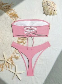 Swim SXY Springbreak 女式露背镂空后背交叉系带贝壳海星泡泡纱比基尼套装 - 粉色 - 查看 5