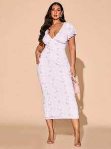 SHEIN BAE فستان نسائي أنيق بطبعة زهور كبيرة على شبكة، طويل الطول، ضيق التفصيل، أكمام مناسبة، مناسب للارتداء اليومي، للخروج، المواعيد، الغداء، العطلات، موسم الربيع/الصيف، عودة إلى المدرسة، فساتين عيد ميلاد للنساء