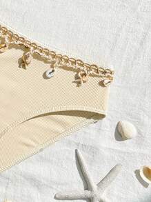 SHEIN Tween Girls' Shell Decor Halter Bikini Swimwear Set Summer Holiday - Beige - View 4