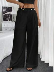 Chiquease 2 件套女士圆领无袖时尚修身上衣和纽扣时尚宽松长裤套装 - 黑色 - 查看 4