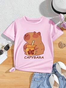 GraphicGems Teenage Girls Casual Fashion Comfortable Simple Capybara & Bubble Tea Print Short Sleeve T-Shirt, Spring & Summer - Pink - View 1