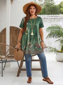 EMERY ROSE Plus Size Crew Neck Short Sleeve Floral Print Casual Blouse, Everyday Wear,Summer Outfits For Women/Summer,Tropical Vacation Woman Clothes - Green - View 3