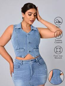 SHEIN Essnce Plus Size Women Fitted Minimalist Denim Jacket - Blue - View 1