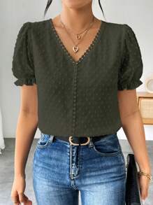 SHEIN Clasi Women's French Solid Color Swiss Polka Dot Ruffle Detail V-Neck Puff Sleeve Blouse - Dark Green - View 3