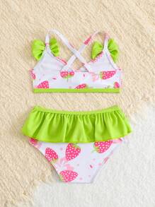Newborn Girl  Strawberry Print Print Swimsuit Set, Swimsuit Set For Baby Girl - Multicolor - View 2