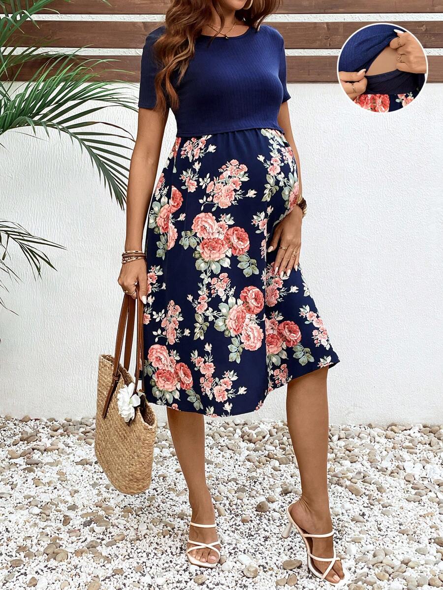 SHEIN Floral Print Patchwork Nursing Casual Vacation Dress For Pregnant Women - Navy Blue - View 1