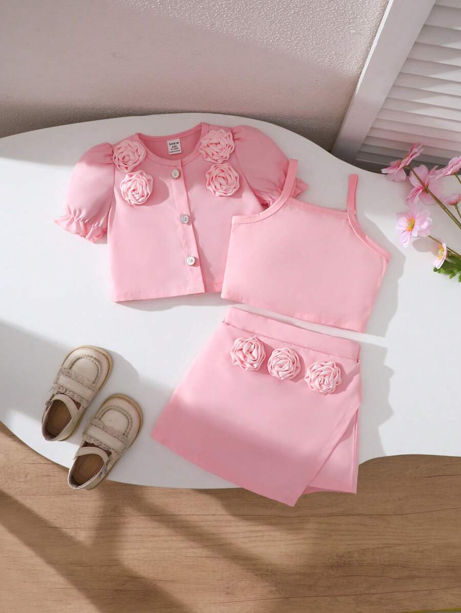 3 Stück/Set, Baby Mädchen Frühling&Sommer Eleganter Stil, Blumen Deko Kurzarm Jacke&Ärmellose Slip Top&Shorts - Pink - Übersicht 1