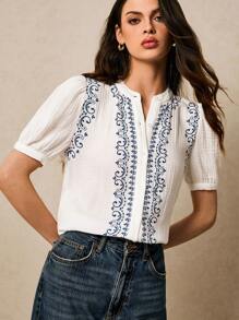 Poéselle 白衬衫、度假衬衫、棉质衬衫、波西米亚风、女士植物刺绣V领短泡泡袖休闲衬衫 - 白色 - 查看 7