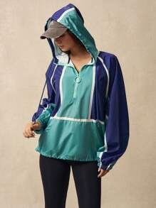 VARSIVA Contrast Color Drawstring Zipper Front Hooded Loose Casual Women Outdoor Jackets