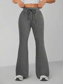 SHEIN Tall Women's Solid Color Drawstring Waist Casual & Versatile Flared Long Pants - Grey - View 6