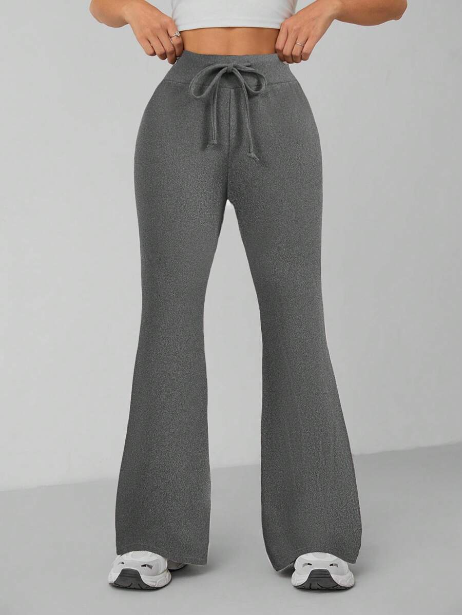 SHEIN Tall 女款純色抽繩腰休閒喇叭褲,適合高個女性 - 灰色 - 查看 1
