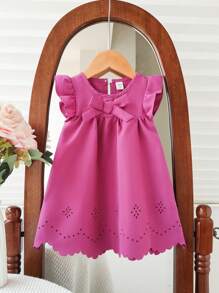 Baby Girl Fashion Sweet Bow Ruffle Trim Hollow Out Cap Sleeve Dress, Suitable For Summer