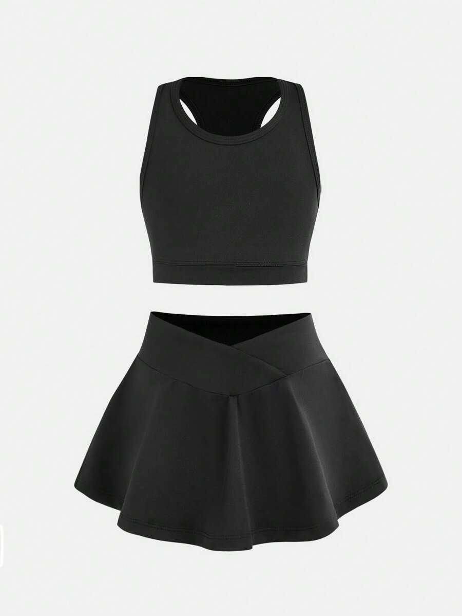 SHEIN Young Girl Simple Solid Color Round Neck Racerback Tank Top And Mini Skirt Sportswear, Summer - Black - View 1