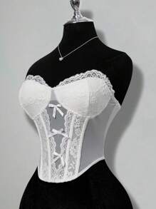 SHEIN ICON Summer Beach Cute White Lace Bandeau Top, Minimalist & Fashionable, Suitable For Summer