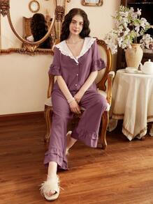 法式复古彼得潘领荷叶边女士睡衣套装节日季 - 淺灰紫 - 查看 6