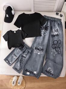 Women's Black Short Sleeve T-Shirt With English Letter & Star Print, Black Pants 2 Pieces Set, Mommy And Me Matching Outfits (Sold Separately)