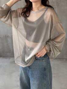 FRIFUL Women's Green Sheer Long Sleeve Top, Round Neck Summer Apparel - Green - View 3