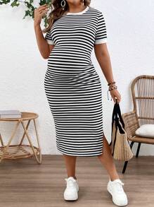 SHEIN 加大码孕妇条纹开衩下摆修身连衣裙