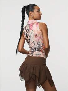 SHEIN Unity Animal Print & Floral Pattern Sleeveless Drawstring Lace Up Stand Collar Fitted T-Shirt - Multicolor - View 2