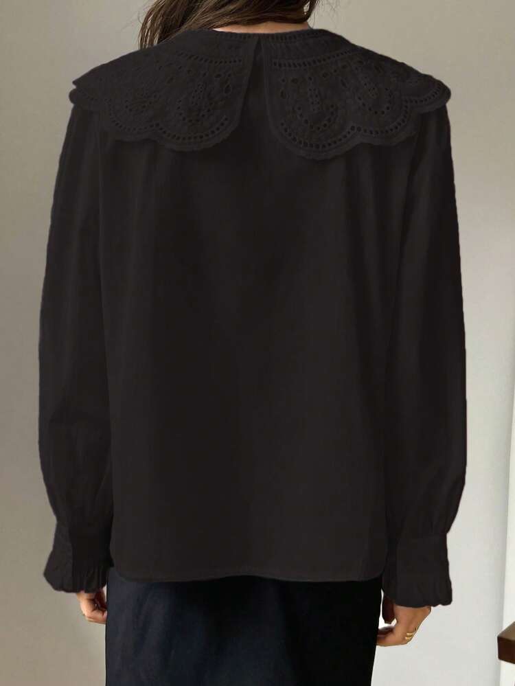 Contrast Schiffy Statement Collar Flare Sleeve Blouse Long Sleeve Top