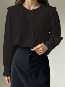 DAZY Contrast Schiffy Statement Collar Flare Sleeve Blouse Long Sleeve Top