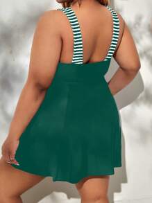 Swim Lushoire Plus Size Women Random Stripe Print Swimming Dress And Triangular Swim Shorts Set For Summer Beach Vacation - Dark Green - View 2