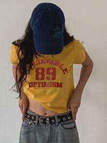 DAZY Women's Letter Print Loose Short Sleeve Street T-Shirt, Yellow, Spring & Summer,Graphic Tees