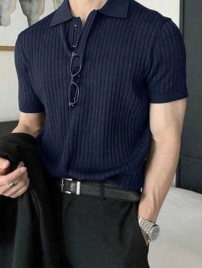 Manfinity Homme Men Solid Ribbed Knit Polo Shirt, Old Money Style