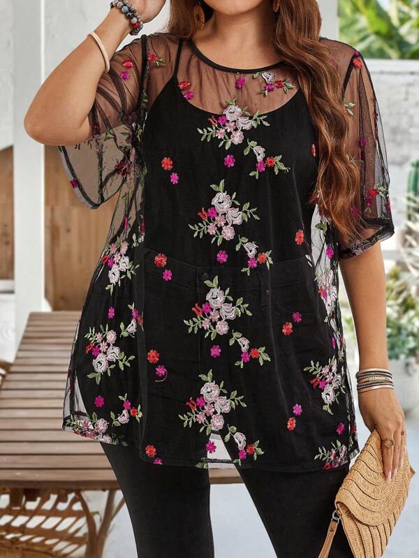 EMERY ROSE Plus Size Women Floral Embroidery Mesh Round Neck Short Sleeve Tunic Top ,Country Casual Vacation Outfits Woman,Simple And Fashionable For Everyday Wear,Summer Tops Women,Summer Outfits For Women
