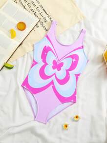 SHEIN Tween Girls Butterfly Print One-Piece Swimsuit - Pink - View 4