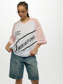 SUMWON WOMEN Áo bóng chày cổ chữ V tay ngắn phong cách retro cỡ lớn cho kỳ nghỉ hè - trắng - Xem 5
