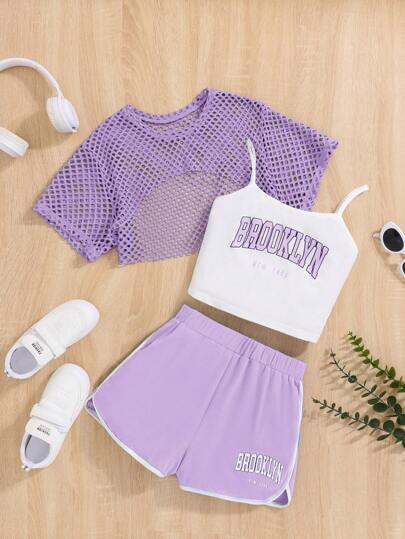 SHEIN 3pcs/Set Teen Girl Spaghetti Strap Printed Mesh T-Shirt Tank Top And Shorts Set