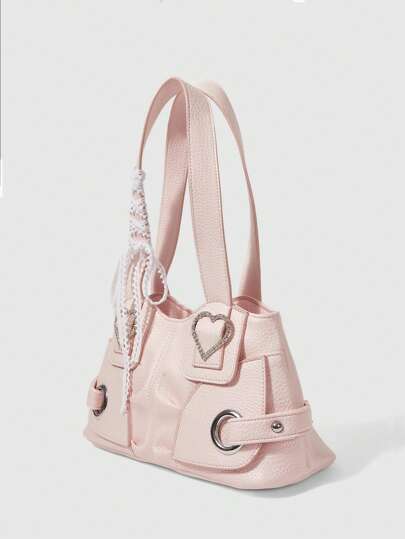 Kawaii Women's Pink Pebbled PU Leather Shoulder Bag With Heart Crystal Buckle, Versatile Day-To-Night Crossbody Bag For Office Commute & Romantic Date