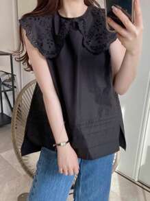 FRIFUL Áo kiểu nữ màu đen dáng rộng không tay, cổ Peter Pan thêu họa tiết, phong cách nghỉ dưỡng, thích hợp mặc đi nghỉ mát mùa hè. - màu đen - Xem 3