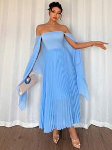Rafferiza Summer Elegant Off Shoulder Pleated Hem Long Dress - Blue - View 3