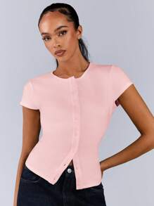 Athîral Camiseta casual de mujer de unicolor con botones delanteros y mangas cortas