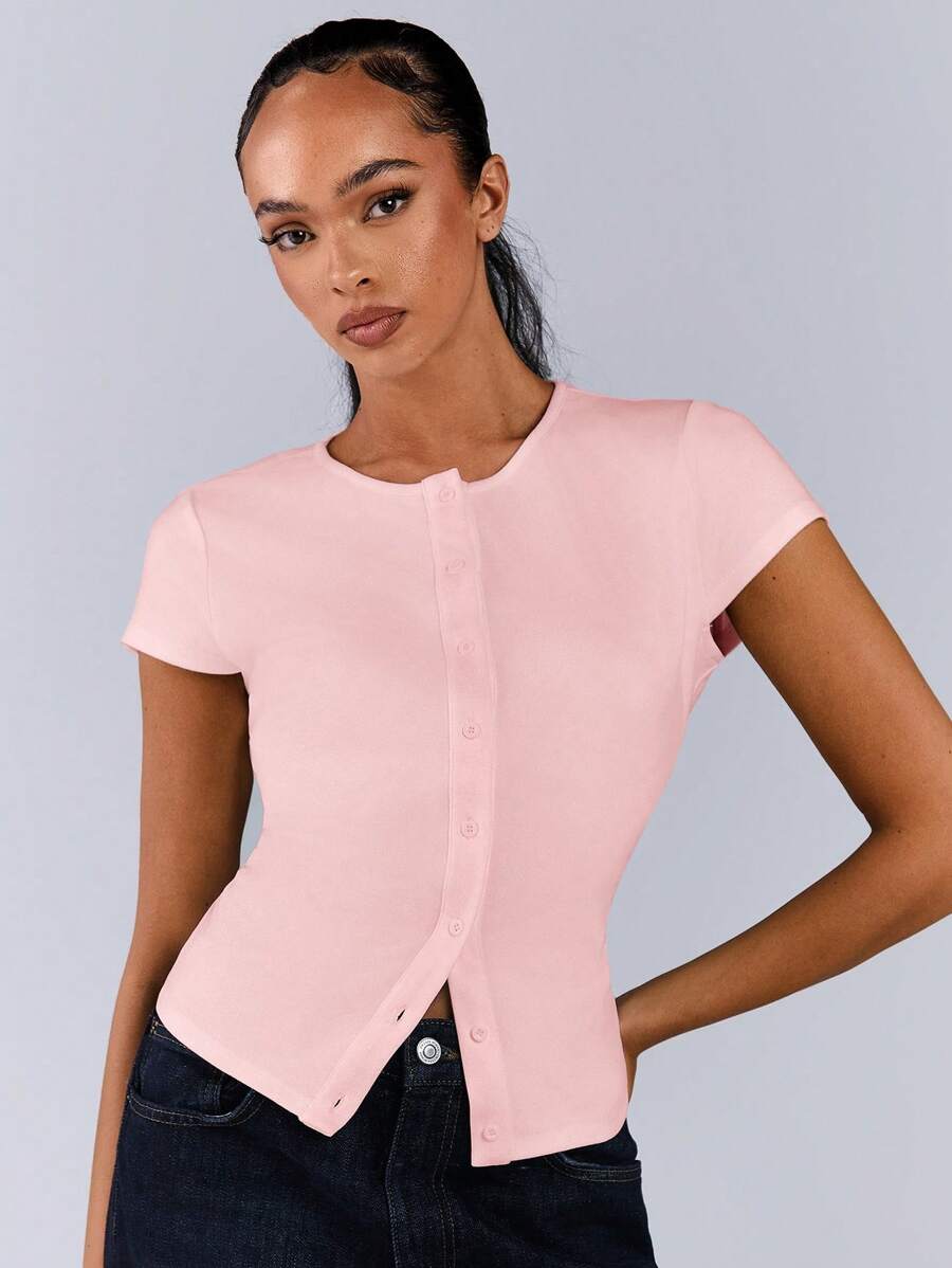 Athîral Camiseta casual de mujer de unicolor con botones delanteros y mangas cortas
